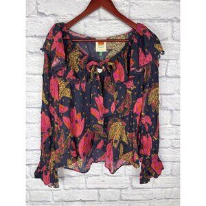 FARM RIO Women's Navy Patchwork Banana Ruffle Tie Neck Embroidered Blouse NWT M